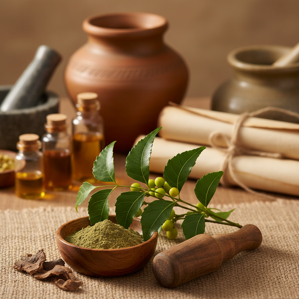 Traditional preparation of Ayurvedic leaf powder, the base ingredient for natural Neem capsules.