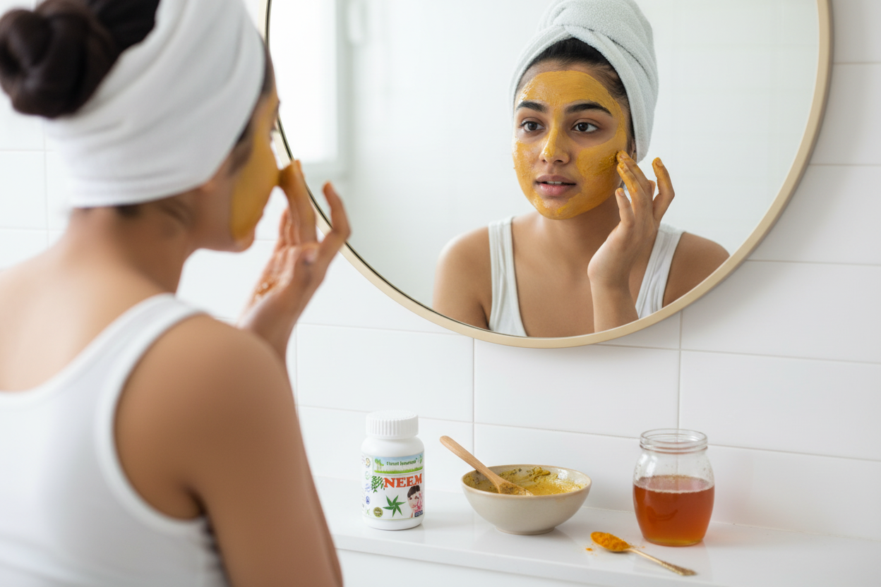 A girl applying a homemade face mask prepared with honey and opened Neem capsules.