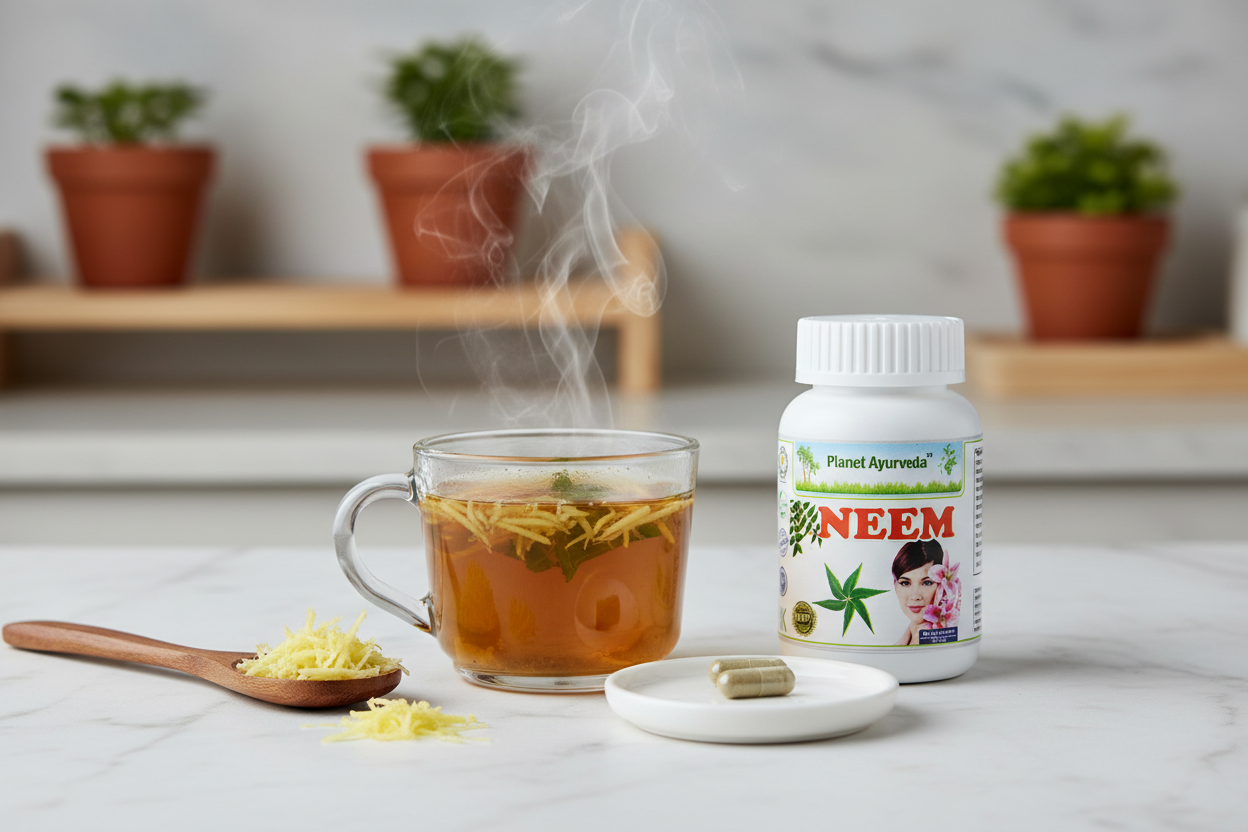 Preparation of warm Ayurvedic tea with ginger and added Neem capsule powder for immunity.