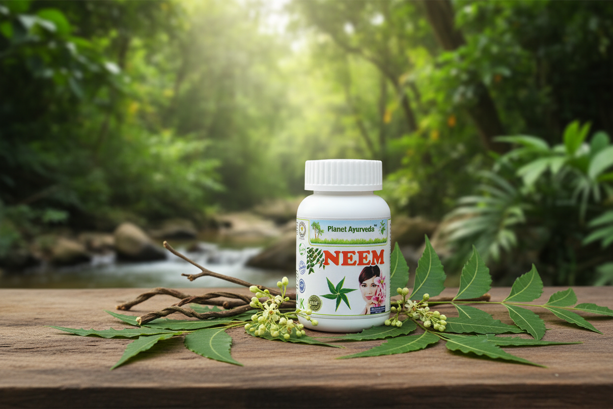 A bottle of Neem capsules surrounded by fresh neem twigs and flowers in a natural setting.