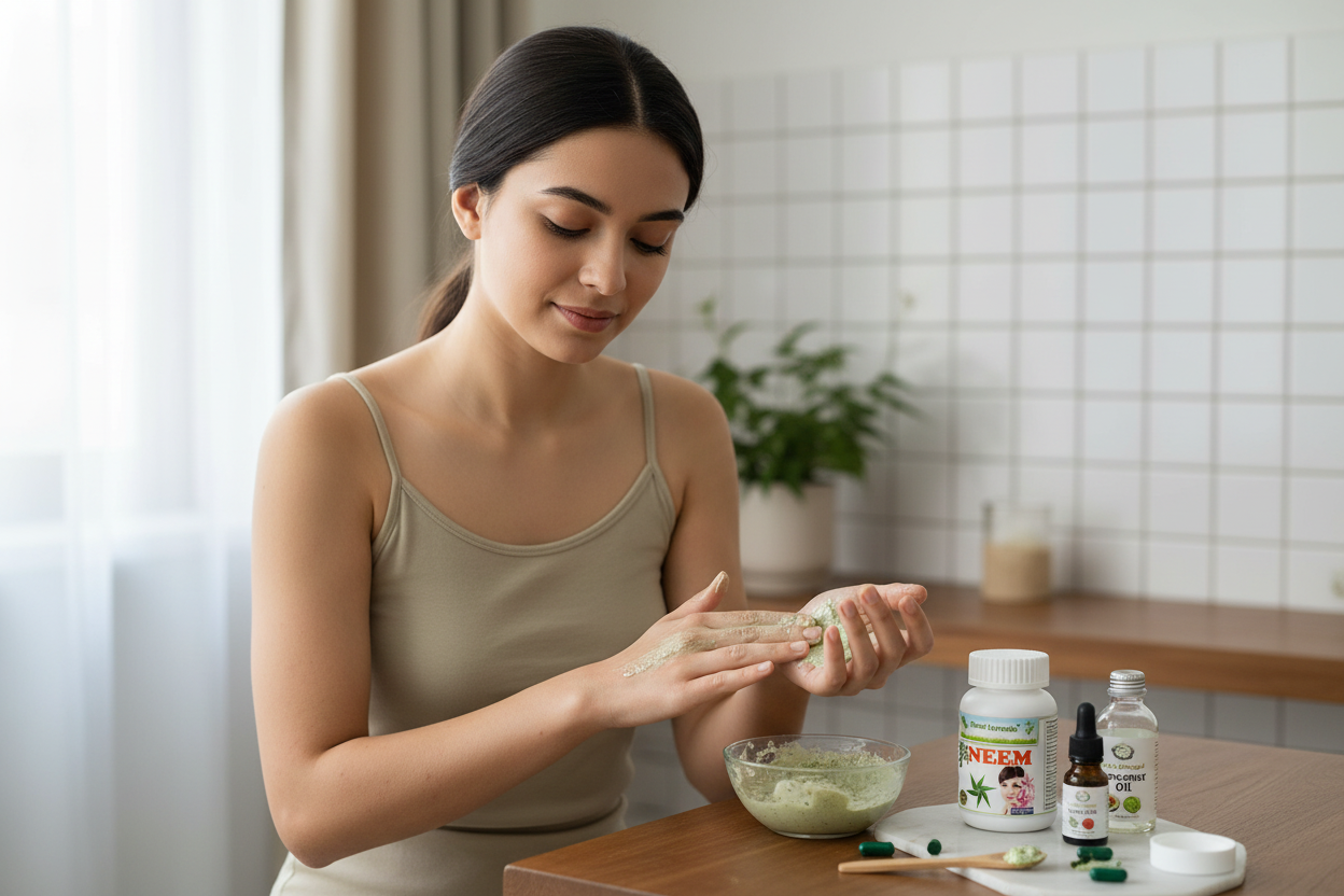 A woman using a natural skin care paste made from a blend of oils and Neem capsules.